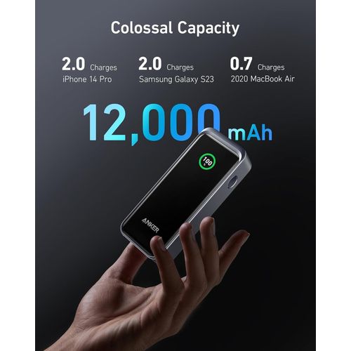 Prime Power Bank, Powercore Ganprime 12,000 mAh 2-Port Portable Fast Charger with 130W Output, Smart Digital Display, Compatible with iPhone 15/14/13 Series, MacBook, Dell