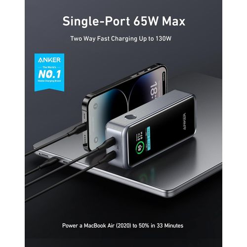 Prime Power Bank, Powercore Ganprime 12,000 mAh 2-Port Portable Fast Charger with 130W Output, Smart Digital Display, Compatible with iPhone 15/14/13 Series, MacBook, Dell