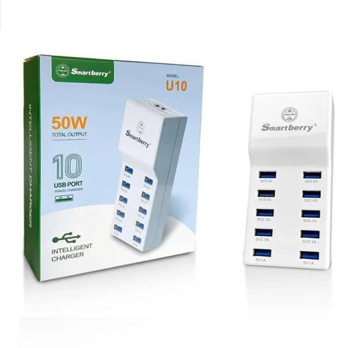 50W U10 Adaptor USB Wall Intelligent Charger with Rapid Multiple Charging Station Block Auto Detect Technology Safety Guaranteed 10-Port Family-Sized Smart USB Ports for Multiple Devices Smart Phone Tablet Laptop Computer