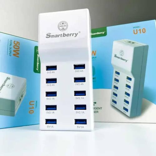 50W U10 Adaptor USB Wall Intelligent Charger with Rapid Multiple Charging Station Block Auto Detect Technology Safety Guaranteed 10-Port Family-Sized Smart USB Ports for Multiple Devices Smart Phone Tablet Laptop Computer