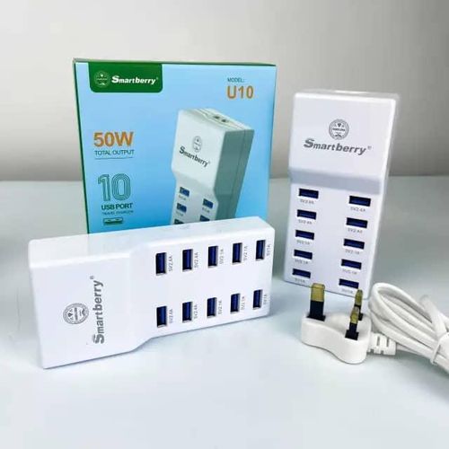 50W U10 Adaptor USB Wall Intelligent Charger with Rapid Multiple Charging Station Block Auto Detect Technology Safety Guaranteed 10-Port Family-Sized Smart USB Ports for Multiple Devices Smart Phone Tablet Laptop Computer