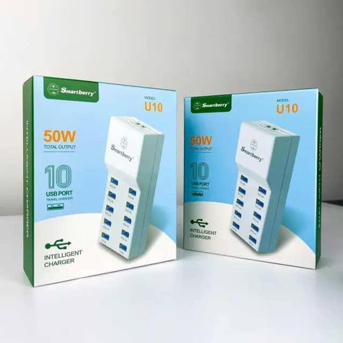 50W U10 Adaptor USB Wall Intelligent Charger with Rapid Multiple Charging Station Block Auto Detect Technology Safety Guaranteed 10-Port Family-Sized Smart USB Ports for Multiple Devices Smart Phone Tablet Laptop Computer