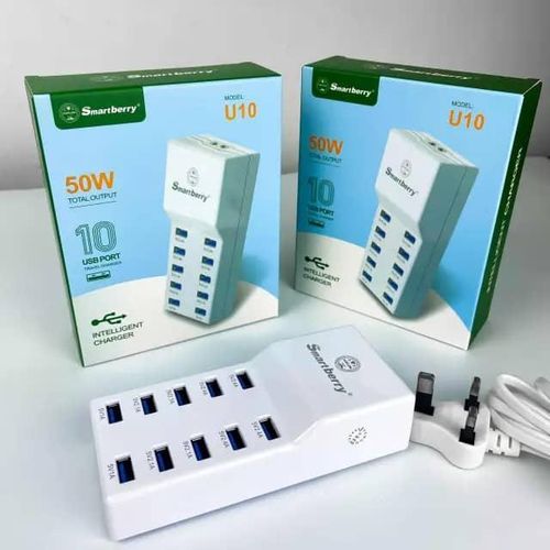 50W U10 Adaptor USB Wall Intelligent Charger with Rapid Multiple Charging Station Block Auto Detect Technology Safety Guaranteed 10-Port Family-Sized Smart USB Ports for Multiple Devices Smart Phone Tablet Laptop Computer