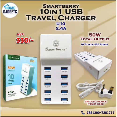 50W U10 Adaptor USB Wall Intelligent Charger with Rapid Multiple Charging Station Block Auto Detect Technology Safety Guaranteed 10-Port Family-Sized Smart USB Ports for Multiple Devices Smart Phone Tablet Laptop Computer