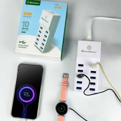 50W U10 Adaptor USB Wall Intelligent Charger with Rapid Multiple Charging Station Block Auto Detect Technology Safety Guaranteed 10-Port Family-Sized Smart USB Ports for Multiple Devices Smart Phone Tablet Laptop Computer