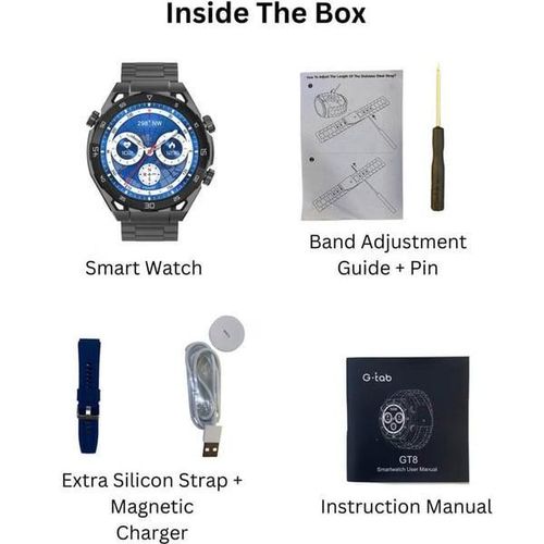 GT8 Amoled Smart Watch, Music Storage upto 1 GB, 1.43 INCHES AMOLED WITH LEATHER Strap + RUBBER Strap, Smart Calling, heart rate, blood oxygen, sport mode, always display on- Multicolor
