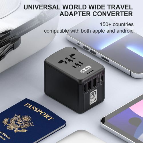 Universal International Travel Power Adapter High Speed with 3 USB + 1 Type C , All in One 3 USB 2 Type-C Worldwide AC Power Wall Charger Plug -Black
