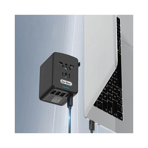 Universal International Travel Power Adapter High Speed with 3 USB + 1 Type C , All in One 3 USB 2 Type-C Worldwide AC Power Wall Charger Plug -Black