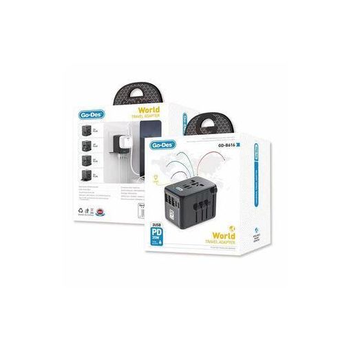 Universal International Travel Power Adapter High Speed with 3 USB + 1 Type C , All in One 3 USB 2 Type-C Worldwide AC Power Wall Charger Plug -Black