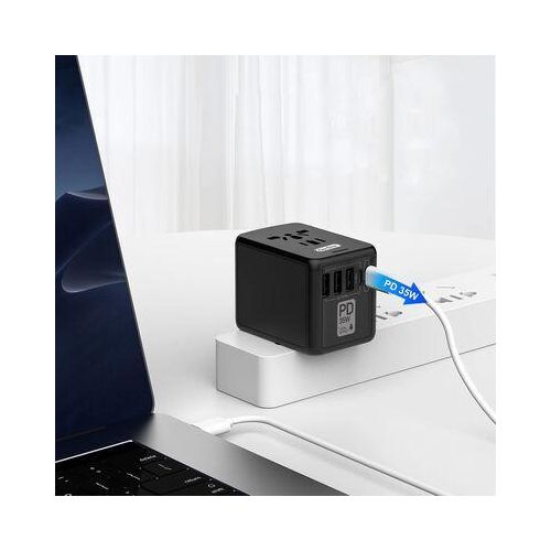 Universal International Travel Power Adapter High Speed with 3 USB + 1 Type C , All in One 3 USB 2 Type-C Worldwide AC Power Wall Charger Plug -Black