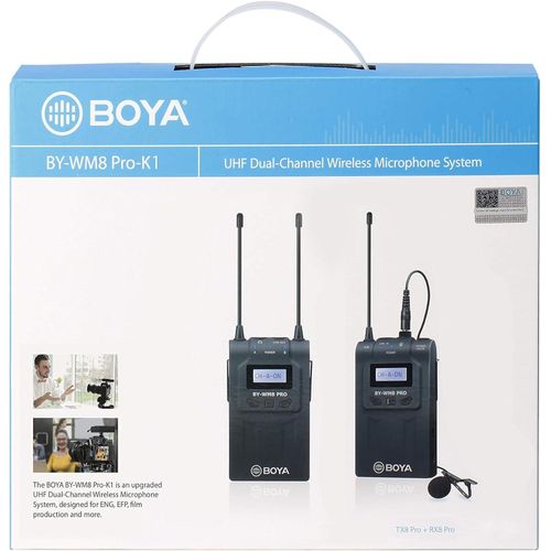 BY-WM8Pro-K1 Professional 48-Channel UHF Wireless Lavalier Microphone System with Dual-Channel Receiver for DLSR, Mirrorless & Video Cameras, Black