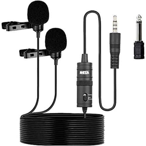 BY-M1DM Plastic Microphone Dual Omni Directional Lavalier Mic With Two Small Clip And Two Foam Windscreen For Smart Phone - Black