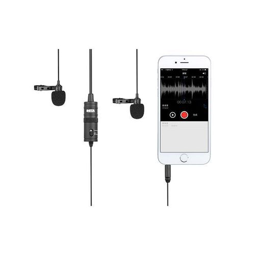 BY-M1DM Plastic Microphone Dual Omni Directional Lavalier Mic With Two Small Clip And Two Foam Windscreen For Smart Phone - Black