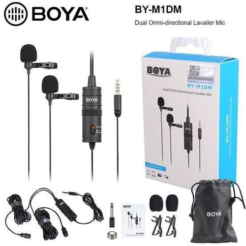 BY-M1DM Plastic Microphone Dual Omni Directional Lavalier Mic With Two Small Clip And Two Foam Windscreen For Smart Phone - Black