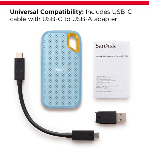 San Disk 2TB Extreme Portable SSD - Up to 1050MB/s, USB-C, USB 3.2 Gen 2, IP65 Water and dust Resistance, Updated Firmware, Sky Blue - External Solid State Drive - SDSSDE61-2T00-G25B - Multicolor