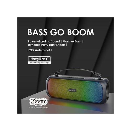 Bluetooth® Party Boombox Powerful Sound Massive Bass Dynamic Light Effects Portable Wireless Speaker OBS-75D With Carry Strap, Multi-Compatibility Modes, FM, IPX5, Built-in Mic- Black