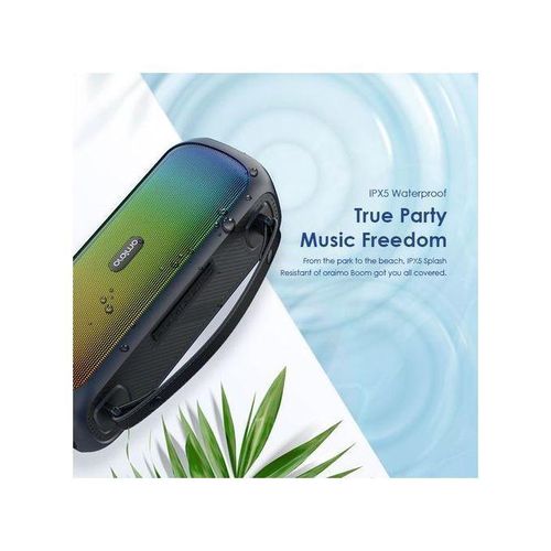 Bluetooth® Party Boombox Powerful Sound Massive Bass Dynamic Light Effects Portable Wireless Speaker OBS-75D With Carry Strap, Multi-Compatibility Modes, FM, IPX5, Built-in Mic- Black