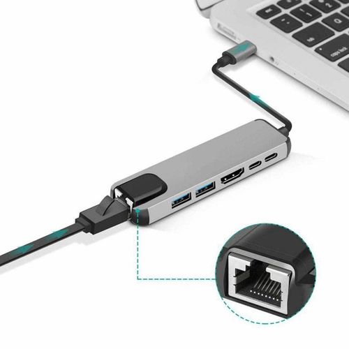 TypeC Interface Hub, Ethernet Adapter USB3.0 TF Memory Cards USB C Female Port for IPad Pro//Type C Devices RJ45 Ethernet Mini SDTF OTG Adapter With 4K HDMI -Silver