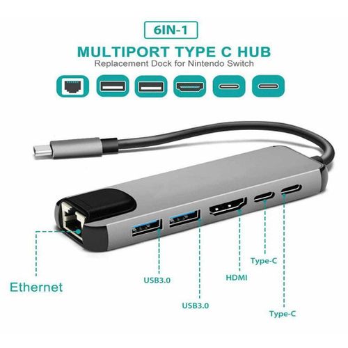TypeC Interface Hub, Ethernet Adapter USB3.0 TF Memory Cards USB C Female Port for IPad Pro//Type C Devices RJ45 Ethernet Mini SDTF OTG Adapter With 4K HDMI -Silver