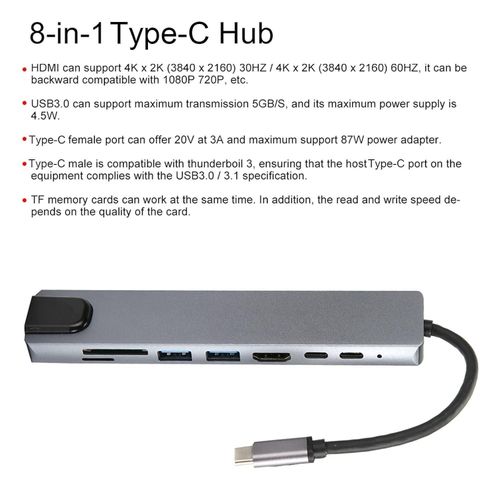 TypeC Interface Hub, Ethernet Adapter USB3.0 TF Memory Cards USB C Female Port for IPad Pro//Type C Devices RJ45 Ethernet Mini SDTF OTG Adapter With 4K HDMI -Silver