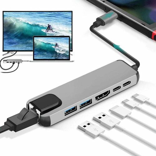 TypeC Interface Hub, Ethernet Adapter USB3.0 TF Memory Cards USB C Female Port for IPad Pro//Type C Devices RJ45 Ethernet Mini SDTF OTG Adapter With 4K HDMI -Silver