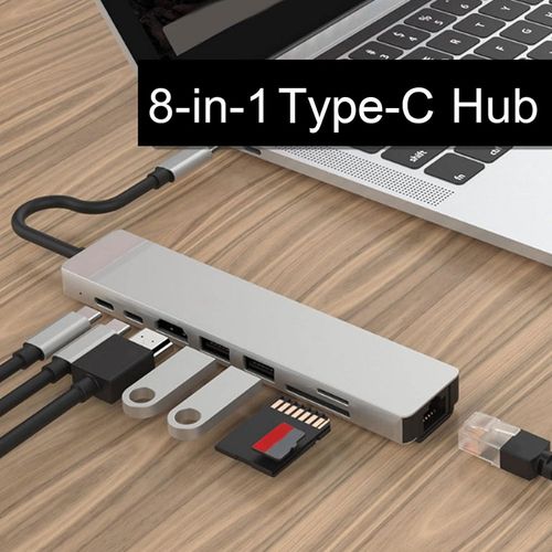 TypeC Interface Hub, Ethernet Adapter USB3.0 TF Memory Cards USB C Female Port for IPad Pro//Type C Devices RJ45 Ethernet Mini SDTF OTG Adapter With 4K HDMI -Silver