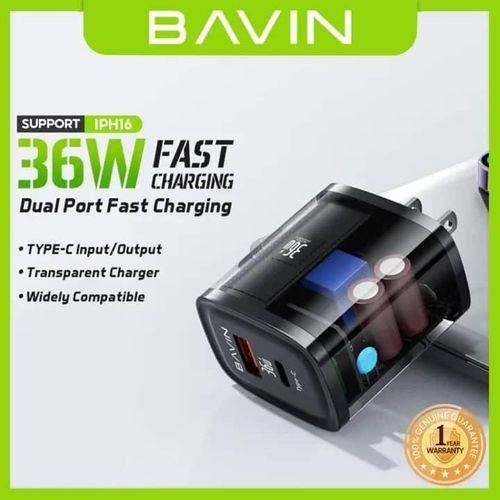 BAVIN Transparent 36W Quick Charge 3.0 With TYPE C USB Dual Ports with PD Fast Charging compatible  With All Portable Mobile Phone Wall Fast Phone Charger- Multicolor