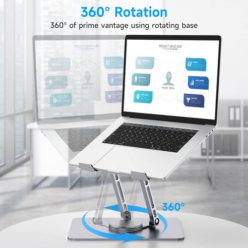 Adjustable Laptop Stand with 360 Rotating Base, Computer Stand Ergonomic Laptop Riser for Collaborative Work Dual Rotary Shaft Fully Foldable for Easy Storage Fits All Laptops up to 15.6 inches- Silver