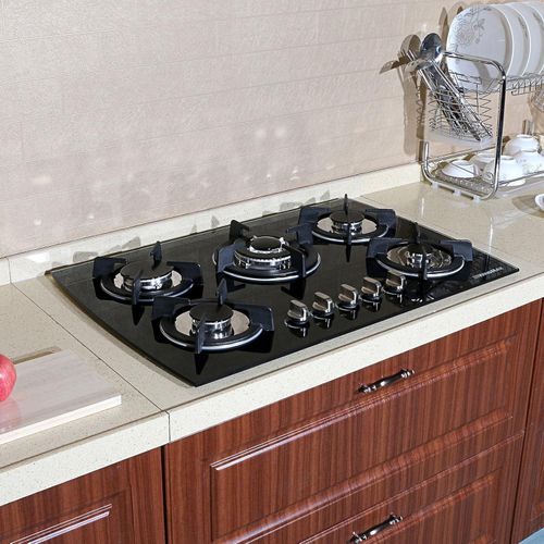 Digiwave 30'' Black Gas Stove Tempered Glass Panel Built-in Gas Cooktop 5 Burners Countertop LPG/NG Gas Hob Five Fuel Oven Gas Cooktops Stove Gas Cooker for Griddle, Pan- Black