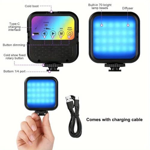 Video Light, Camera Light, 360° Full Color Portable Photography Lighting, CRI 95+ 3000K-7000K LED Video Light, 1800mAh Rechargeable Selfie Light With 3 Cold Shoe Mounts- Multicolor