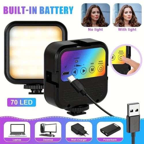 Video Light, Camera Light, 360° Full Color Portable Photography Lighting, CRI 95+ 3000K-7000K LED Video Light, 1800mAh Rechargeable Selfie Light With 3 Cold Shoe Mounts- Multicolor