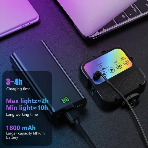 Video Light, Camera Light, 360° Full Color Portable Photography Lighting, CRI 95+ 3000K-7000K LED Video Light, 1800mAh Rechargeable Selfie Light With 3 Cold Shoe Mounts- Multicolor