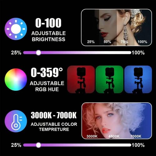 Video Light, Camera Light, 360° Full Color Portable Photography Lighting, CRI 95+ 3000K-7000K LED Video Light, 1800mAh Rechargeable Selfie Light With 3 Cold Shoe Mounts- Multicolor