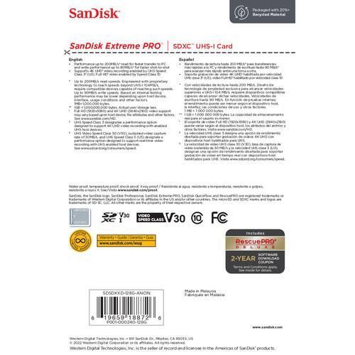 128GB Extreme PRO UHS-I SDXC Memory Card C10, U3, V30, 4K UHD, SD Card - SDSDXXD-128G-GN4IN - Black