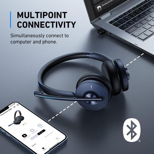 PowerConf H700 with Charging Stand, Bluetooth Headset with Microphone, Active Noise Cancelling, Audio Recording and Meeting Transcription, AI-Enhanced Calls, Compatible with Conference Platforms -Black