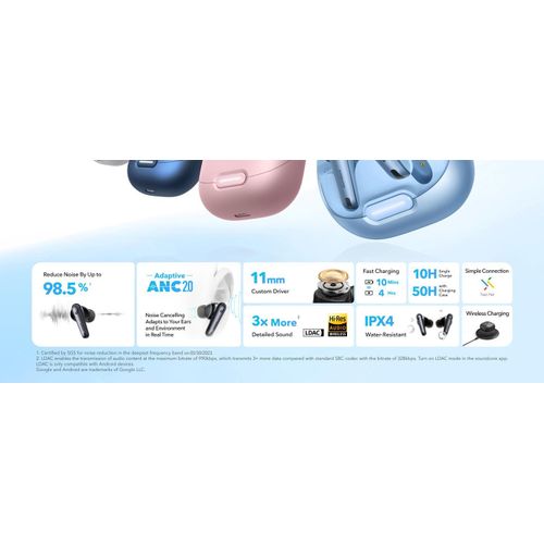 Soundcore Anker Liberty 4 NC Wireless Earbuds, 98.5% Noise Reduction, Adaptive Noise Cancelling to Ears and Environment, Hi-Res Sound, 50H Battery, Wireless Charging, Bluetooth 5.3 - Multicolor
