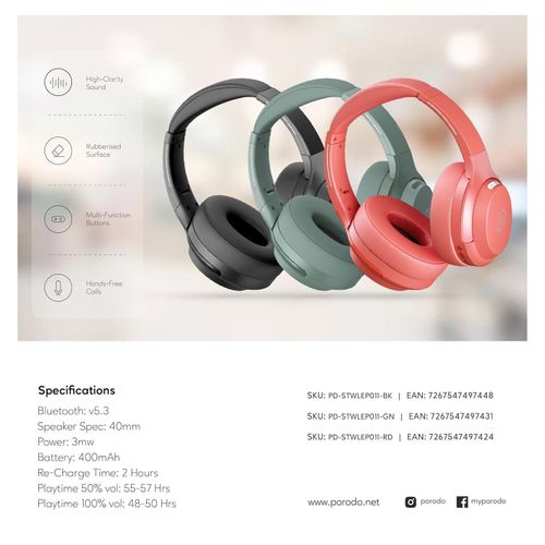 Soundtec By Porodo Eclipse Wireless Headphone with ENC Noise Cancellation, High-Clarity Mic, Pure Deep Bass, Up to 50 Hours Playtime, Bluetooth V5.3 -Multicolor