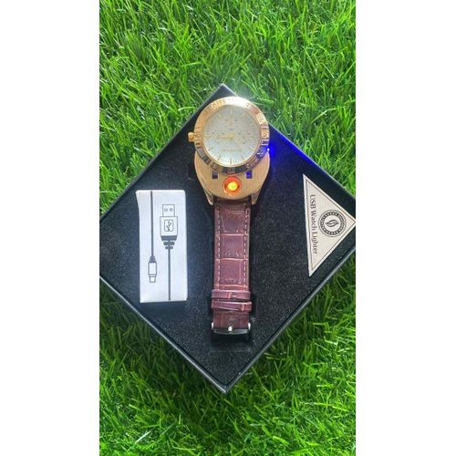 Analog Watch Rechargeable Watch With Fire Lighter, Leather Strap, - Brown,