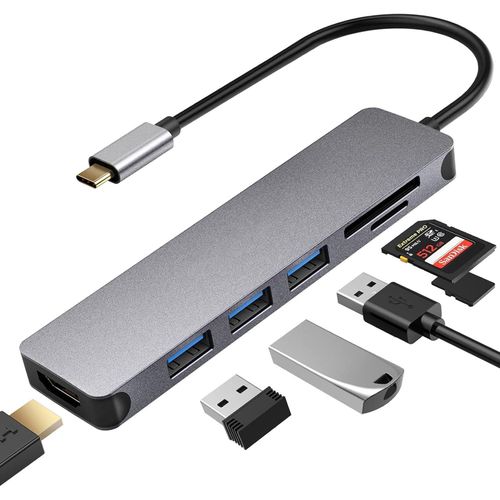 USB C Hub Multiport Adapter - 7-in-1 Portable USB C Adapter with 4K HDMI Output, 3 USB 3.0 Ports, SD/Micro SD Card Reader for MacBook Pro, Chromebook, XPS & More Type C Devices, Space