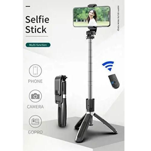 4 in1 Wireless Selfie Stick with Bluetooth Remote and Mobile Tripod, Black.