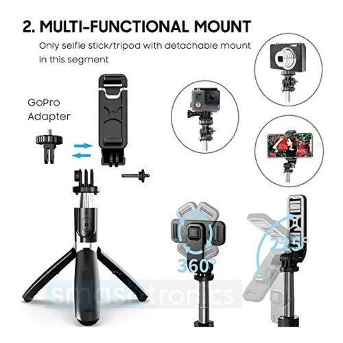 4 in1 Wireless Selfie Stick with Bluetooth Remote and Mobile Tripod, Black.