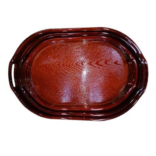 Pack of 3 Oval Plastic Trays, Kitchen Decorative Platters, Tea Serving Plate, Wooden Pattern  Food Tray With Handles for Kitchen, Dining Room, Cafe- Brown