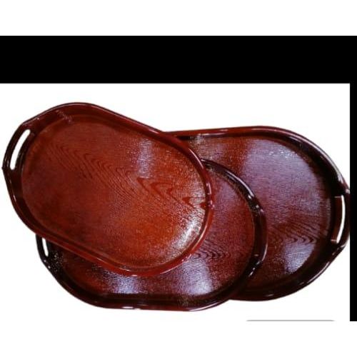 Pack of 3 Oval Plastic Trays, Kitchen Decorative Platters, Tea Serving Plate, Wooden Pattern  Food Tray With Handles for Kitchen, Dining Room, Cafe- Brown