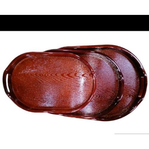 Pack of 3 Oval Plastic Trays, Kitchen Decorative Platters, Tea Serving Plate, Wooden Pattern  Food Tray With Handles for Kitchen, Dining Room, Cafe- Brown