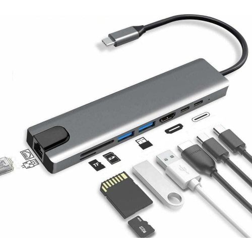 Travel USB 3.0 Connectivity Hub USB-C Adapter Laptop Docking Station With HD, Portable 8 Function Traveling Device - RJ45 Gigabit Ethernet, USB 3.0 Hub, 8 in 1 Type-C HUB HDMI USB Multiport Card Reader & PD Charging -Silver