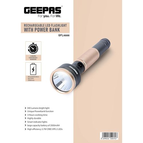Geepas Rechargeable LED Flashlight with Power Bank, Sturdy Housing with 340 Lumens Bright Light-Multi