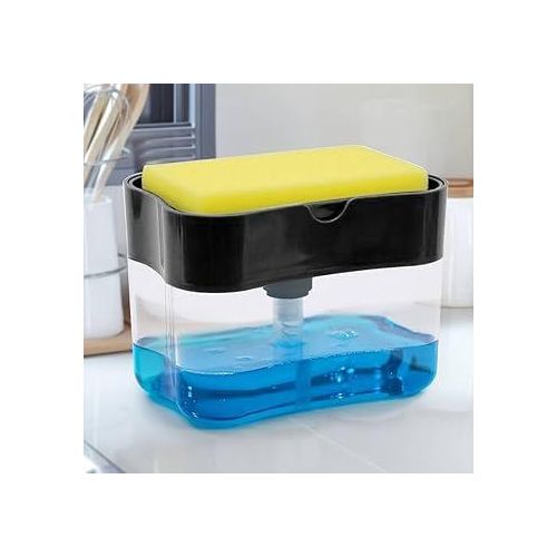 2 in 1 Countertop Dish Washing Liquid Soap Dispenser Pump With Sponge Holder Hand Sink Caddy Organiser Tidy- White.