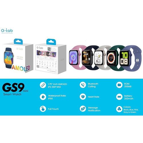 GS9 Mini 1.75 Inches Amoled Always Display On Raise to Awake Health Tracking Multi Sport Mode1 GB Storage- Multicolor