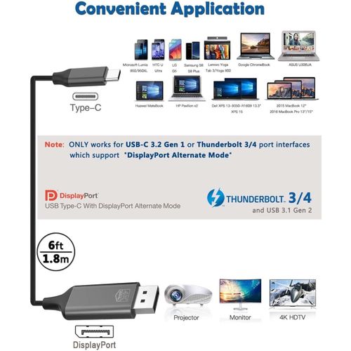 USB-C to DisplayPort Adapter, Thunderbolt 3FT Long, DP 1.4, Compatible with Samsung Galaxy S20, LG G8, OnePlus 7 Pro, HTC U11+