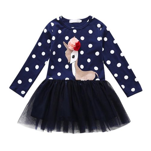Spring Autumn Toddler Girls Deer Printed Princess Tulle Dress with Long Sleeve Round Neck New,90cm NO5116